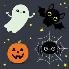 Bat, ghost spirit, spider web, pumpkin with face. Happy Halloween. Cute cartoon kawaii funny baby character set. Yellow stars. Flat design. Black background. Isolated.