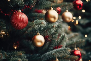 Obraz na płótnie Canvas christmas tree branches with decorations close up