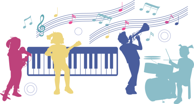 Banner with colorful silhouettes of children play music on various instruments and sing, flat cartoon vector illustration on white background. - Powered by Adobe