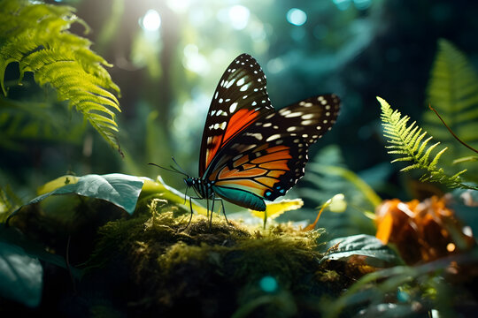 A Colourful Butterfly Sitting On Mossy Floor Tropical Paradise Forest, Surrounded By Lush Green Plants And Soft Lighting.