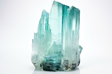 A solitary aquamarine crystal from Vietnam on a clear white background. Generative AI