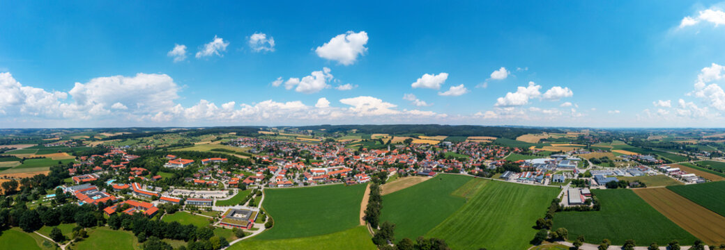 Germany, Bavaria, Bad Birnbach, Drone panorama of rural town