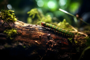 A colourful caterpillar crawling on mossy floor tropical paradise forest, surrounded by lush green plants and soft lighting.