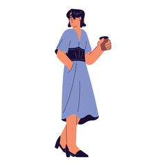 Woman in sundress walking. Girl in dress looking back, hold paper cup in hand. Person wearing summer clothing, outfit in urban style standing. Flat isolated vector illustration on white background