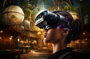 Young woman wearing VR glasses in fantasy academy building library world, Exploring education digital virtual