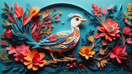 Obraz premium Elegant 3D Paper Art Background, Bird and Flower Illustration in Stunning Detail