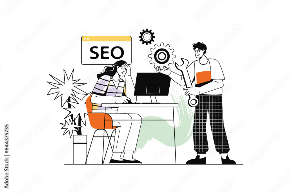 Aufkleber SEO linear concept with people scene in the flat cartoon design. A team of specialists is trying to optimize the work of the websites that need to increase profits for client. Vector illustration.