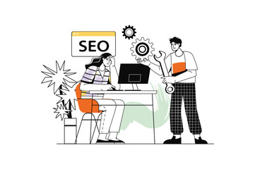 SEO linear concept with people scene in the flat cartoon design. A team of specialists is trying to optimize the work of the websites that need to increase profits for client. Vector illustration.