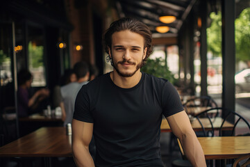 Obraz premium A Young Man Flaunts Bella Canvas Black T-Shirt and Jeans, Relishing Sunshine at a Cozy Restaurant, Showcasing T-Shirt Design Template and Print Presentation Mockup. created with Generative AI