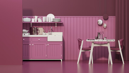 Viva magenta kitchen room and minimalist interior design. Stylish living dark pink tone room interior of modern apartment and trendy furniture Home decor, 3D render