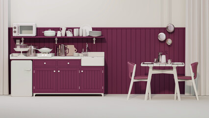 Viva magenta kitchen room and minimalist interior design. Stylish living dark pink tone room interior of modern apartment and trendy furniture Home decor, 3D render