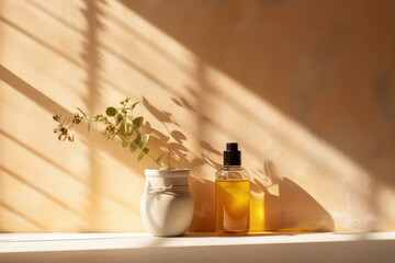 A mellow ochre background with sunlight falling on a wooden window frame, creating intricate shadow play on the wall. The rustic and earthy feel makes it an excellent choice for presenting