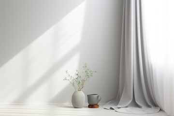 A muted gray background with soft daylight filtering through a curtain, creating a delicate and minimalistic aesthetic. The subtle shadow play emphasizes simplicity and elegance, making