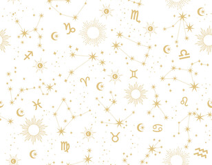 Seamless pattern of zodiac signs. Vector illustration. Twelve constellations