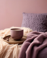 Fototapeta na wymiar A cozy and inviting setup with a muted mauve background, showing autumn leaves casting intricate shadows on a velvet cushion, adorned with fluffy knit blankets and warm cups of cocoa,