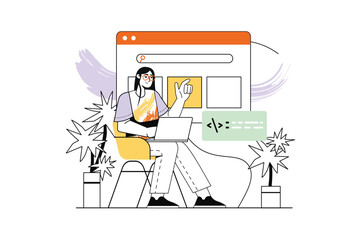 Web design linear concept with people scene in the flat cartoon style. The designer writes code for the site to make a stylish design and layout. Vector illustration.