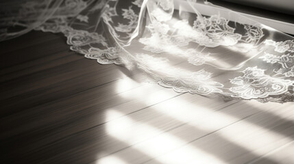 A sophisticated and timeless scene featuring a monochromatic grayscale background with filtered sunlight creating intricate shadows of delicate lace curtains on a polished wooden floor, - obrazy, fototapety, plakaty