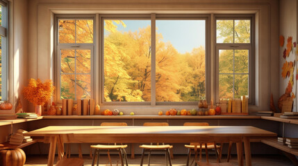 An autumnal classroom setting with warm, earthy tones, where a window reveals a breathtaking view of colorful falling leaves. The soft, filtered light lends a cozy and nostalgic ambiance