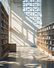 A modern and sleek interior of a school library, featuring a large floortoceiling window. The crisp, natural light bathes the room, casting intricate geometric shadows from the bookshelves,