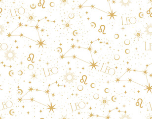 LEO zodiac star seamless pattern. LEO sign symbol stars Vector EPS10 - obrazy, fototapety, plakaty