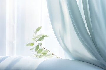 A dreamy scene of a window covered with a blue curtain, allowing a soft, cool light to shine through. The tranquil blue tones and gentle shadow lend a peaceful and serene atmosphere, ideal