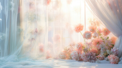 A dreamy and whimsical summerthemed cosmetic background with a pastel color palette. The soft evening sunlight filters through gauzy white curtains, casting intricate patterns of light