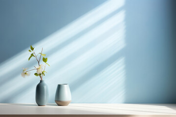 A steel gentle light background with cool blue tones, evoking a serene and peaceful atmosphere. The delicate shadows through the window lend a sense of depth and dimension to the product,
