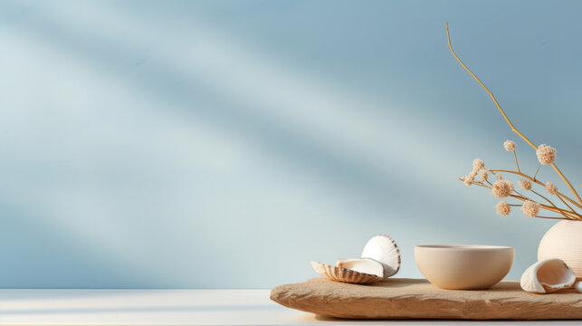 A serene and calming composition with a baby blue backdrop illuminated by a gentle morning light, creating subtle shadows of seashells and coastal driftwood, encompassing a seasideinspired