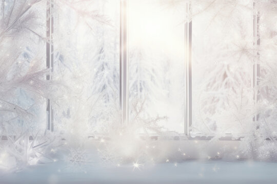 A serene winter scene with light shimmering through frostcovered windows. The delicate frost patterns create a magical and ethereal atmosphere, perfect for displaying luxury jewelry or