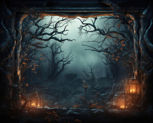 An enchanting Halloween background depicting a misty, moonlit forest scene through a cracked glass window, casting ethereal shadows of gnarled tree branches and mystical creatures.