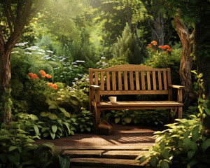 Obraz premium A peaceful backyard garden scene depicts a wooden bench nestled ast lush greenery, with gentle sunlight filtering through the leaves. The intricate shadows of the foliage playfully dance