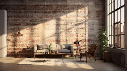An urban loft space features exposed brick walls bathed in the warm glow of the setting sun. The suns rays create delicate patterns of light and shadow on the textured surface, setting