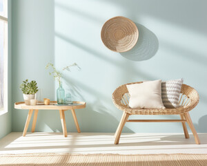 Create a vibrant mood for showcasing your products with a Scandinavian summerinspired background. A white, sunfilled room showcases a pastel skyblue wall, reflecting the joyful light radiating