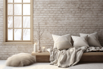 Explore the raw beauty of Scandinavian winter with an scene showcasing an interior with light gray...