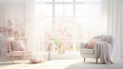 Fototapeta premium Transport your customers to a springtime garden with a Scandinavianinspired light background. Picture a room with pale pink walls, adorned with delicate floral artwork. The soft light