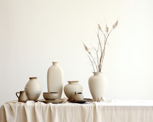 Fototapeta premium A minimalist boho setup with a clean white background, embodying a tranquil atmosphere. The soft, diffused light reveals the intricate texture of a set of ceramic vases, casting delicate