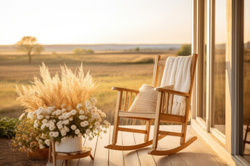  A farm house porch, bathed in soft evening light, overlooks a vast field of golden wheat. The background features a vintage rocking chair surrounded by potted flowers,