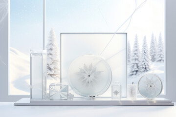 This scene depicts a calm and serene retro futurism product presentation, set against a cool winter landscape. The soft light peeks through frosted window panes, casting intricate snowflake