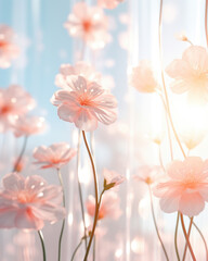 Obraz na płótnie Canvas A springthemed cyberpunk gentle light background, with soft pastel colors flooding the room through blooming flowers on a windowsill. The delicate petals cast intricate patterns of light