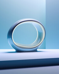 Fototapeta premium This retro futurism product presentation features a calming blue hue in the gentle light background. The window casts delicate shadows on a polished metal surface, highlighting the sleek