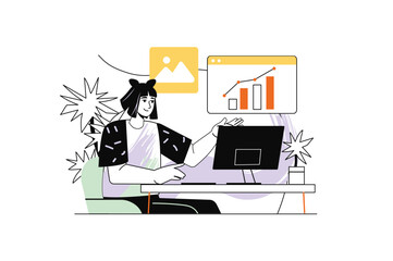 SMM manager linear concept with people scene in the flat cartoon style. A specialist studies the modern market in order to be competent in his field. Vector illustration.