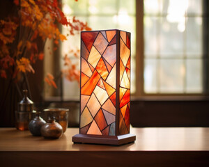 Fototapeta na wymiar A retro futurism product is showcased against a background of rich, earthy colors, reminiscent of an autumn forest. The gentle light streaming through a stained glass window adds a playful