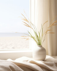  A coastalthemed scene presenting a light background of sandy grass dunes gently caressed by the sea breeze. The natural light from the nearby window creates soft and delicate