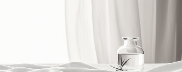 A monochrome scene featuring a minimaliststyle glass jar filled with crystal clear water, capturing the soft morning light kissing its surface, creating an ethereal ambiance against a