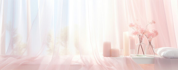 A whimsical and dreamy glass gentle light background for product presentation, showcasing sunlight streaming through a window adorned with delicate, translucent curtains. The soft shadows