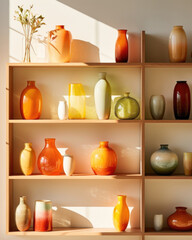 Evoking a rustic vibe, this scene showcases a handcrafted wooden bookshelf bathed in warm spring light, creating striking shadows on a collection of colorful ceramic vases p on its shelves.