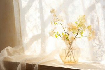 An enchanting scene of an autumn morning, with a gentle light filtering through the window, illuminating a delicate lace curtain. The soft, dappled shadows create a dreamy atmosphere,