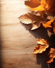 Naklejka na ściany i meble A cozy, earthy brown background with warm sunlight filtering through autumn foliage on a rustic wooden table, creating intricate and playful leaf shadows. The overall mood is rustic and