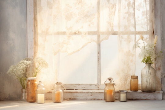 A natural and rustic glass gentle light background for product presentation, featuring sunlight filtering through a vintage, whitewashed window adorned with lace curtains. The dappled