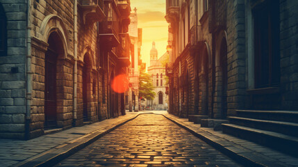 Historic street in Europe at sunset